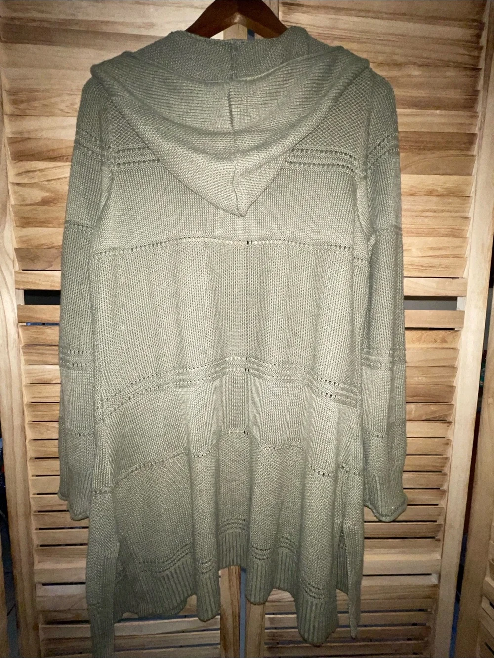 Lety & Me Sage Green Hooded Open Front Knit Cardigan Sweater Large Sustainable